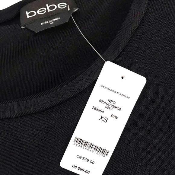 bebe Black & White One Shoulder Bandage Top with Ruffles - Picture 4 of 6